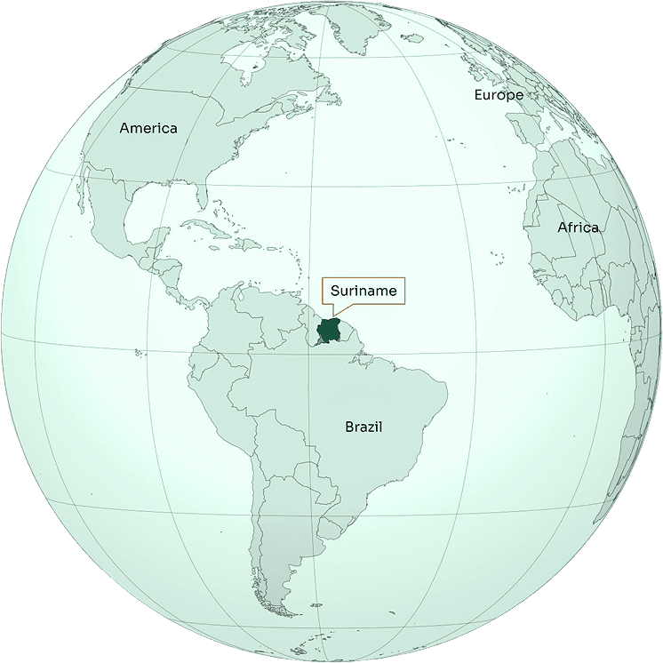 Globe showing Suriname's location in South America